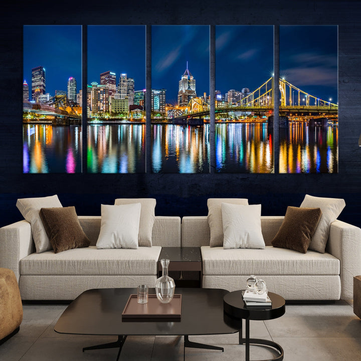 Downtown Pittsburgh Night Skyline Canvas Wall Art Cityscape Wall Decor