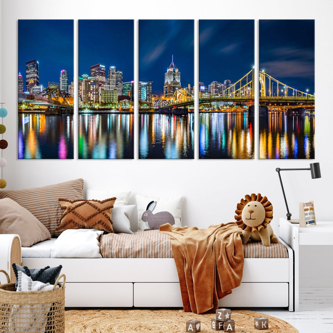 Downtown Pittsburgh Night Skyline Canvas Wall Art Cityscape Wall Decor