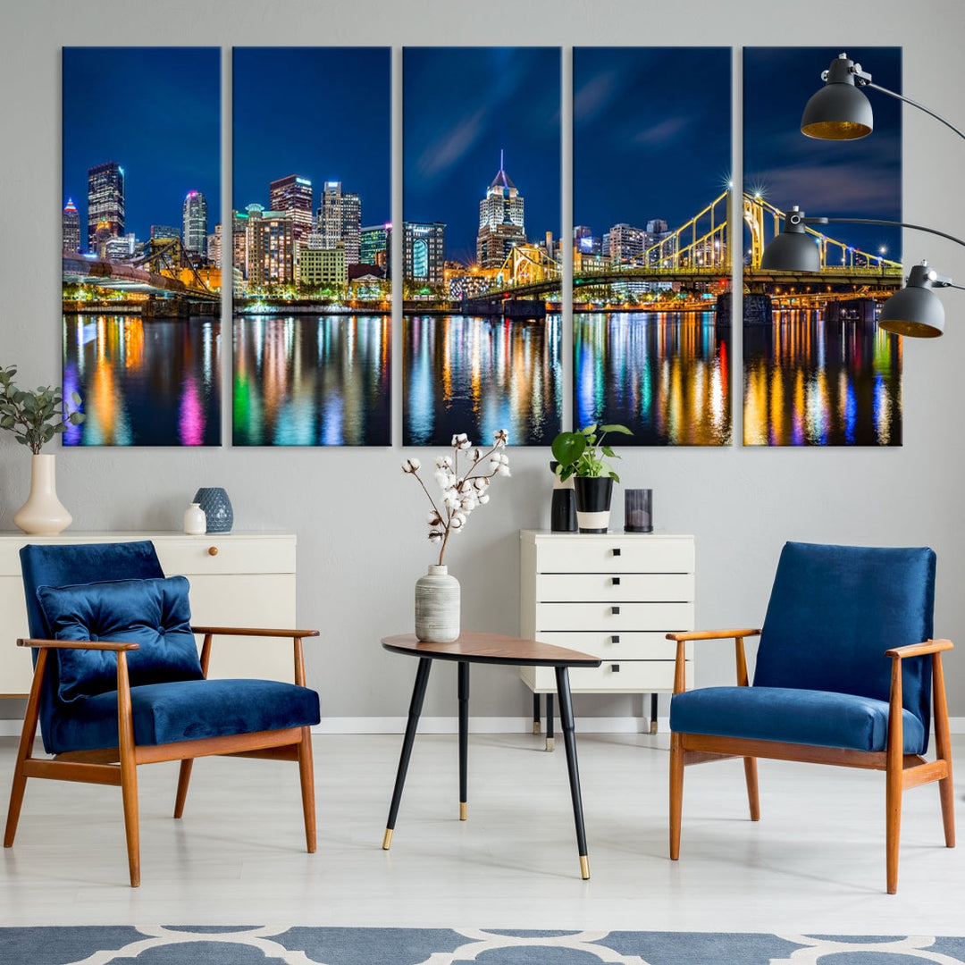 Downtown Pittsburgh Night Skyline Canvas Wall Art Cityscape Wall Decor