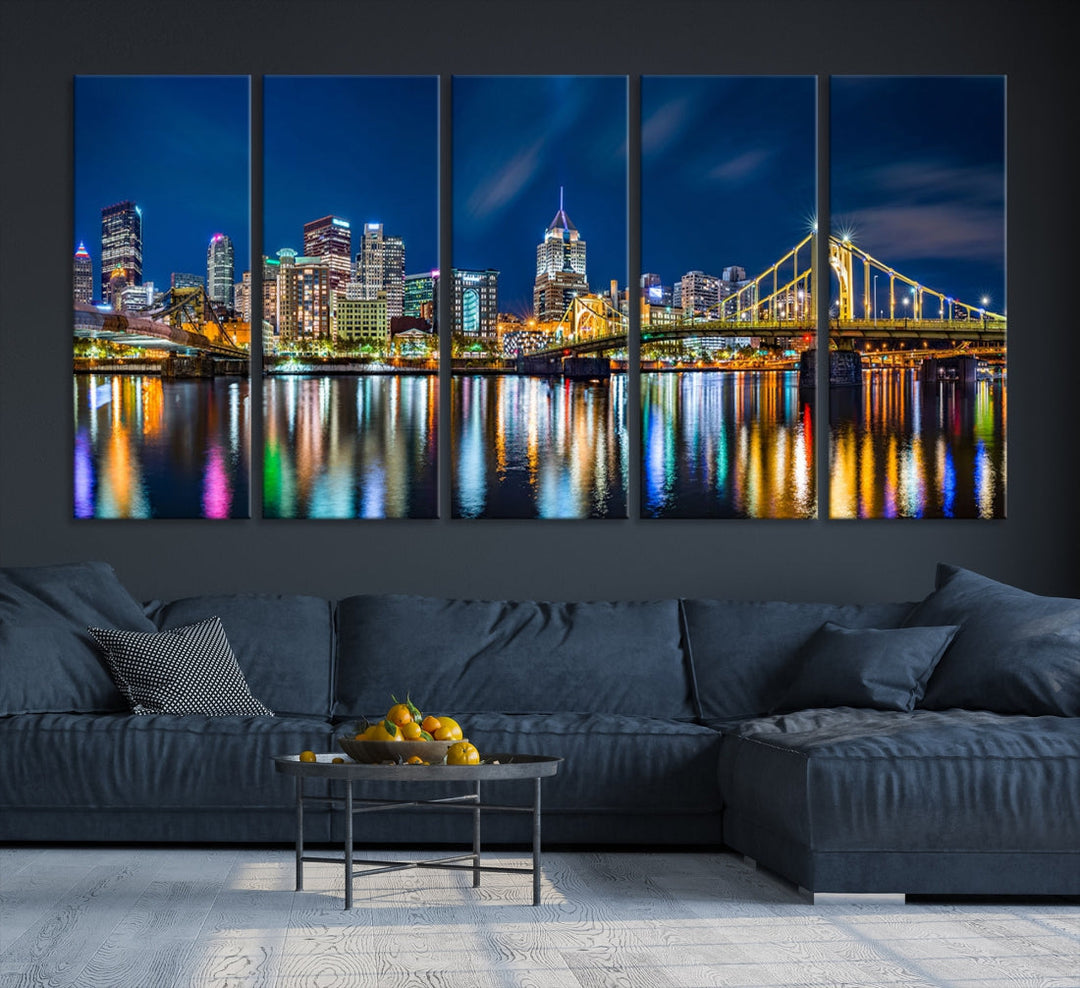 Downtown Pittsburgh Night Skyline Canvas Wall Art Cityscape Wall Decor