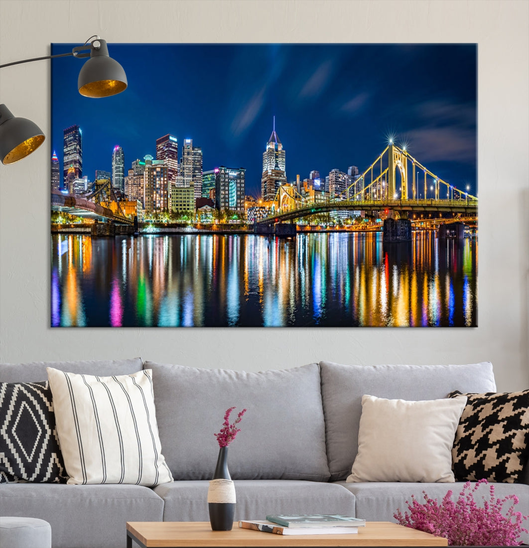 Downtown Pittsburgh Night Skyline Canvas Wall Art Cityscape Wall Decor