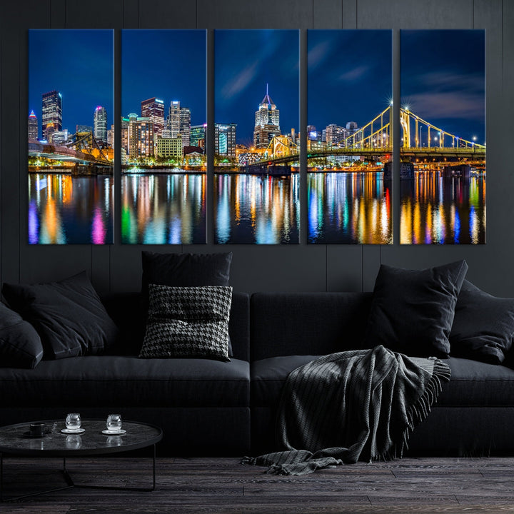 Downtown Pittsburgh Night Skyline Canvas Wall Art Cityscape Wall Decor