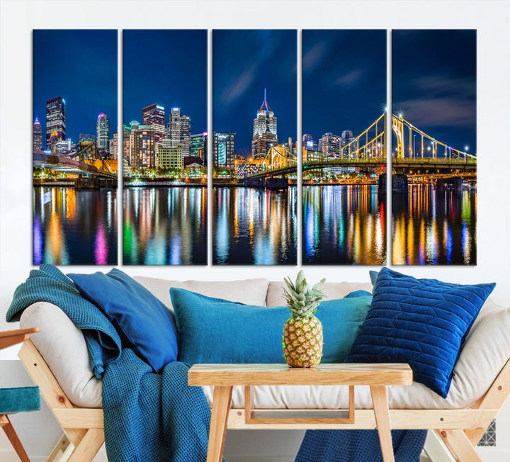 Downtown Pittsburgh Night Skyline Canvas Wall Art Cityscape Wall Decor