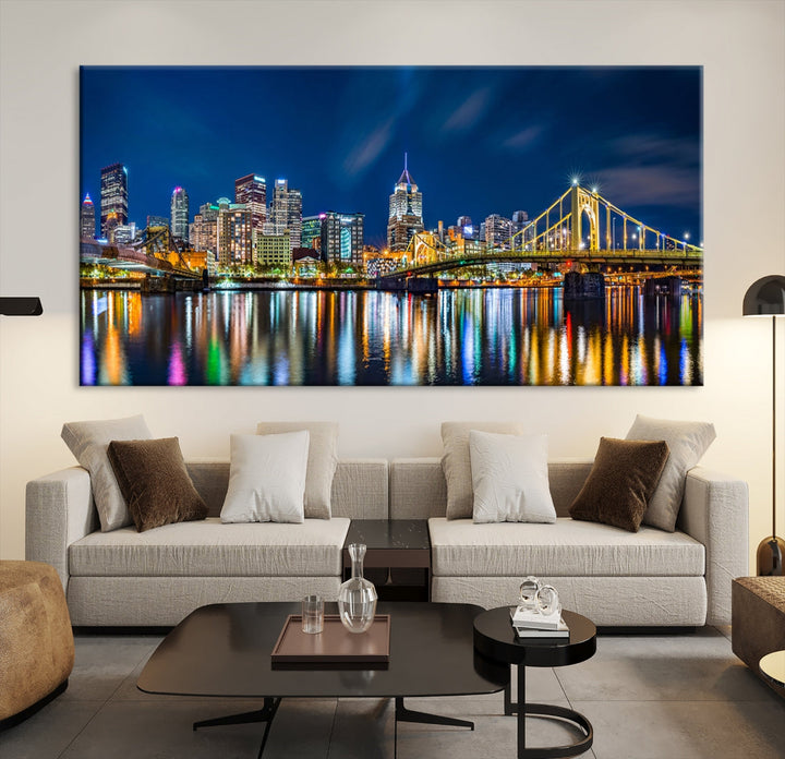 Downtown Pittsburgh Night Skyline Canvas Wall Art Cityscape Wall Decor