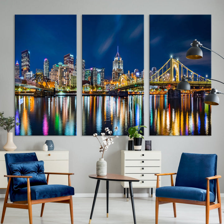 Downtown Pittsburgh Night Skyline Canvas Wall Art Cityscape Wall Decor