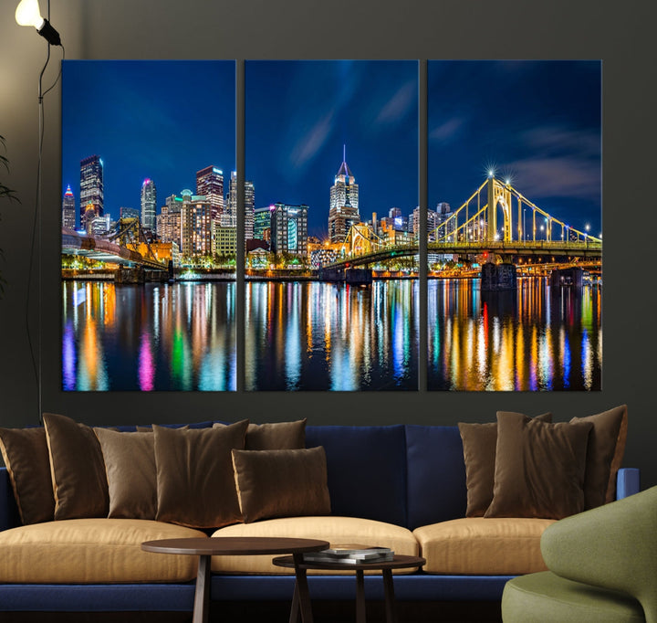 Downtown Pittsburgh Night Skyline Canvas Wall Art Cityscape Wall Decor