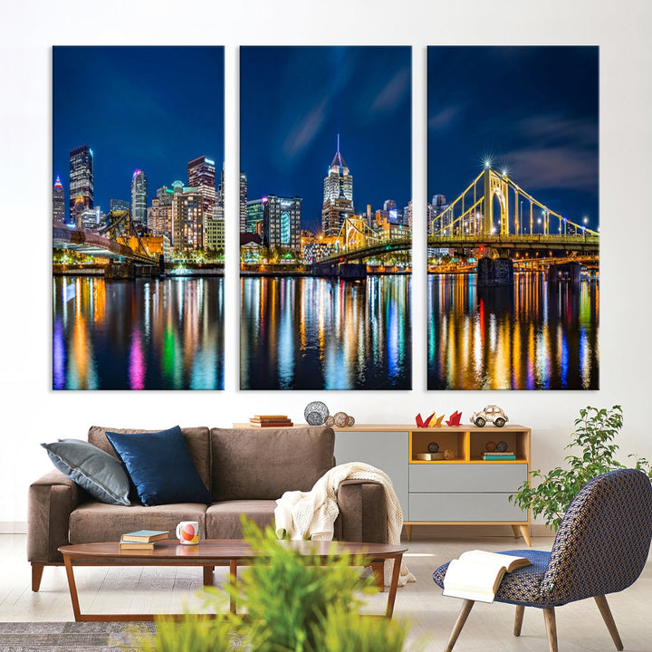 Downtown Pittsburgh Night Skyline Canvas Wall Art Cityscape Wall Decor