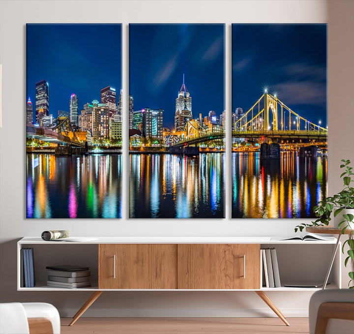 Downtown Pittsburgh Night Skyline Canvas Wall Art Cityscape Wall Decor