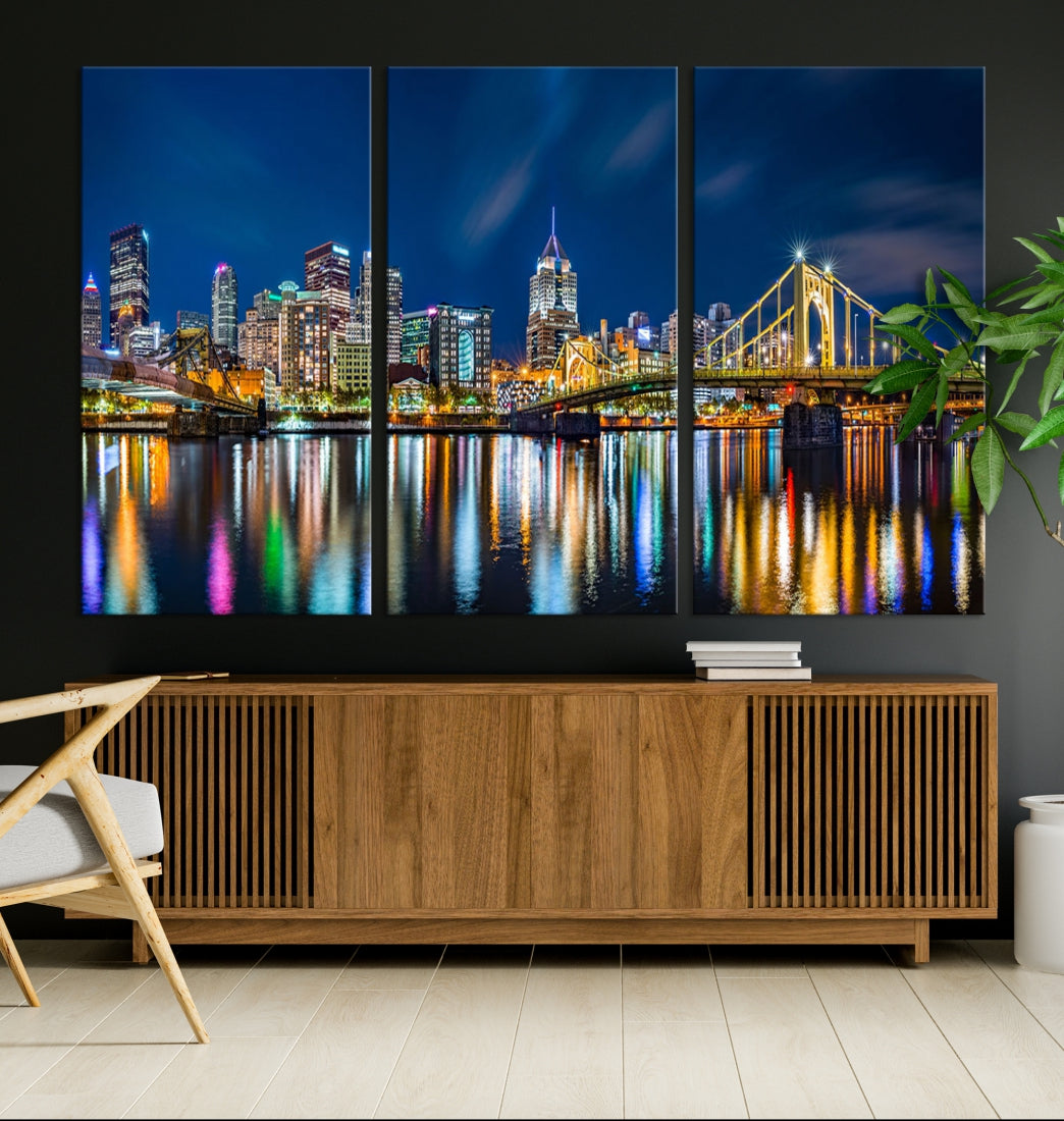 Downtown Pittsburgh Night Skyline Canvas Wall Art Cityscape Wall Decor