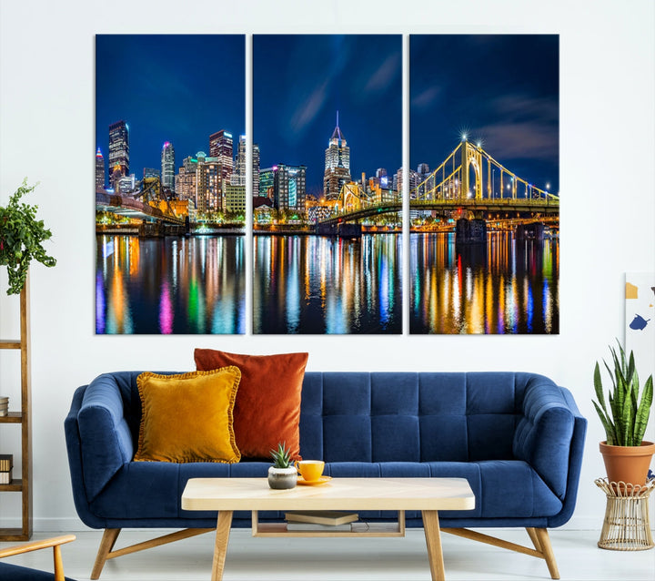 Downtown Pittsburgh Night Skyline Canvas Wall Art Cityscape Wall Decor