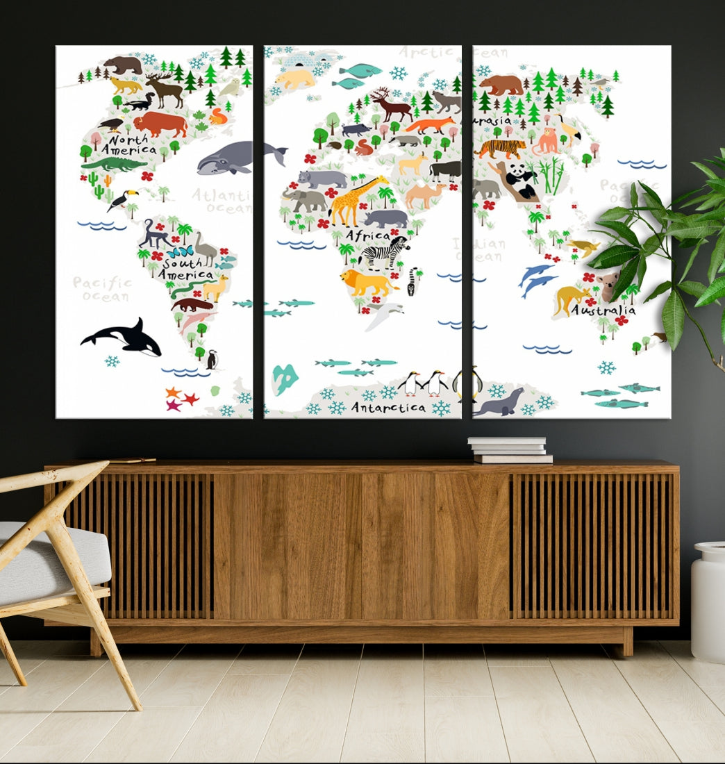 Educational Animal World Map Canvas Print Large Wall Art Framed Ready to Hang