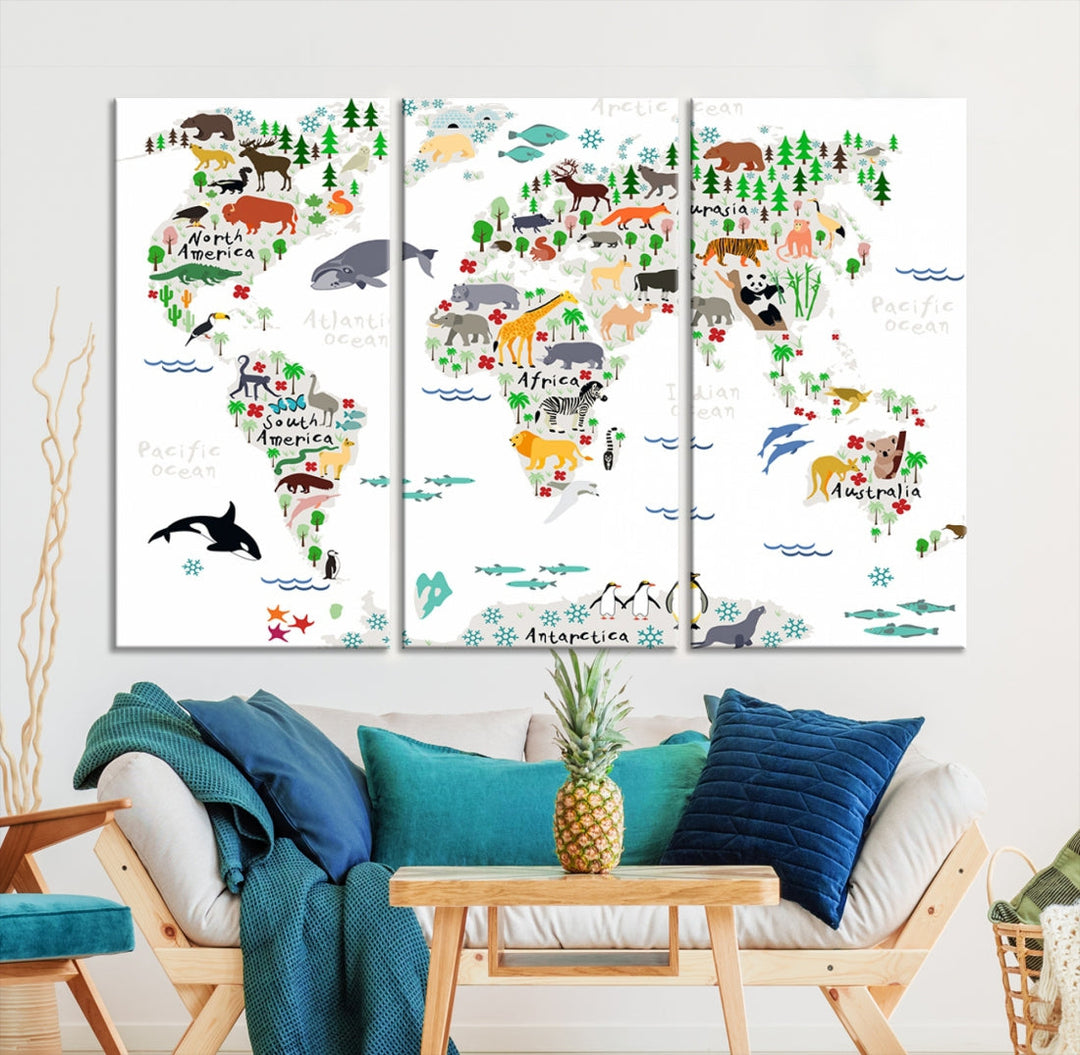 Educational Animal World Map Canvas Print Large Wall Art Framed Ready to Hang