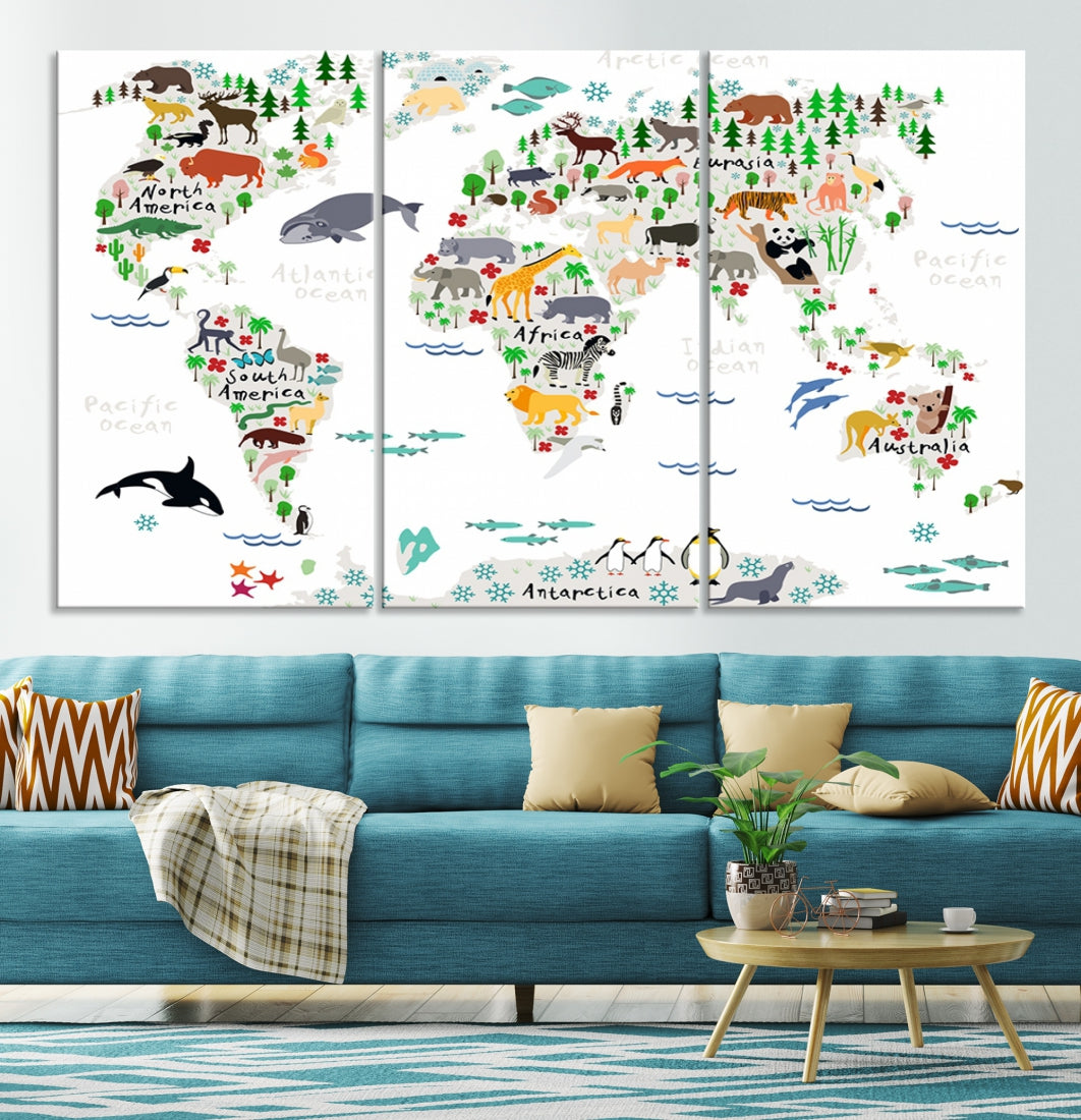 Educational Animal World Map Canvas Print Large Wall Art Framed Ready to Hang