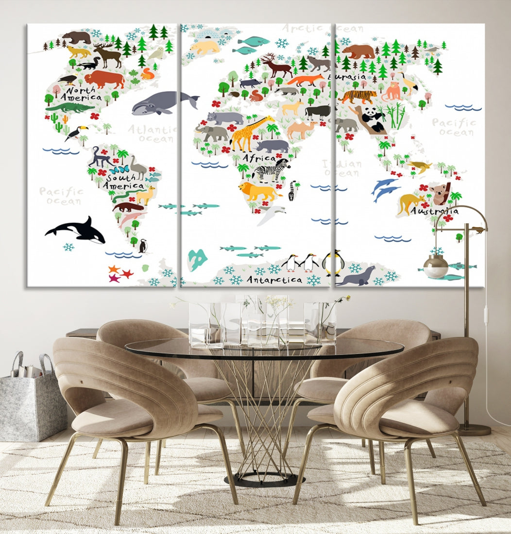 Educational Animal World Map Canvas Print Large Wall Art Framed Ready to Hang