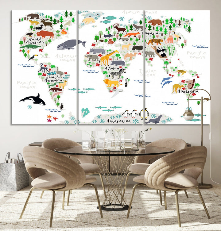 Educational Animal World Map Canvas Print Large Wall Art Framed Ready to Hang