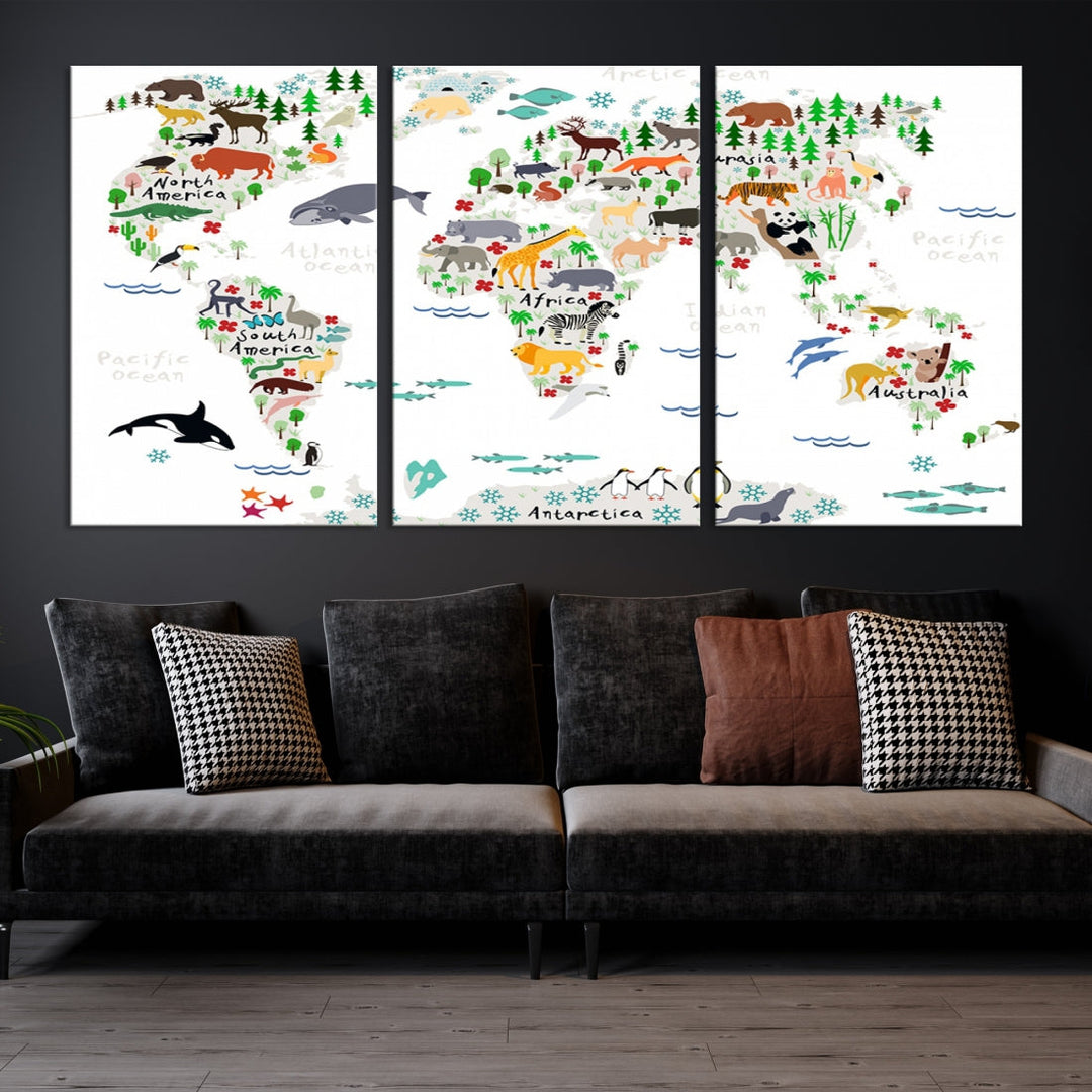 Educational Animal World Map Canvas Print Large Wall Art Framed Ready to Hang