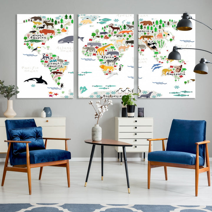 Educational Animal World Map Canvas Print Large Wall Art Framed Ready to Hang