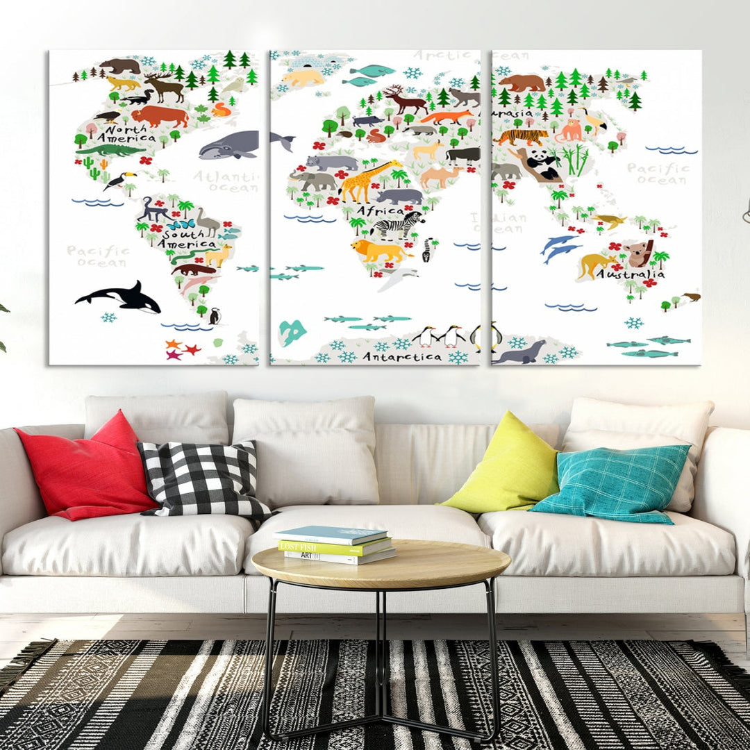 Educational Animal World Map Canvas Print Large Wall Art Framed Ready to Hang