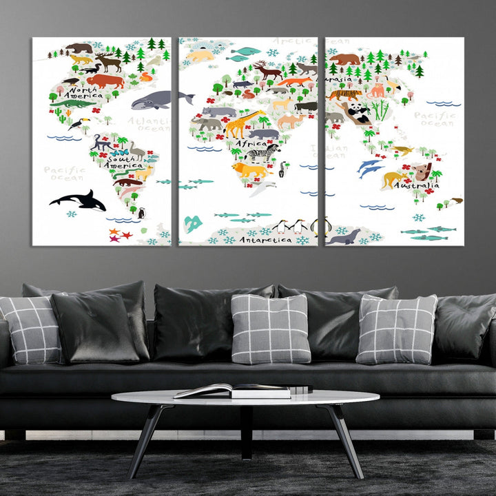 Educational Animal World Map Canvas Print Large Wall Art Framed Ready to Hang