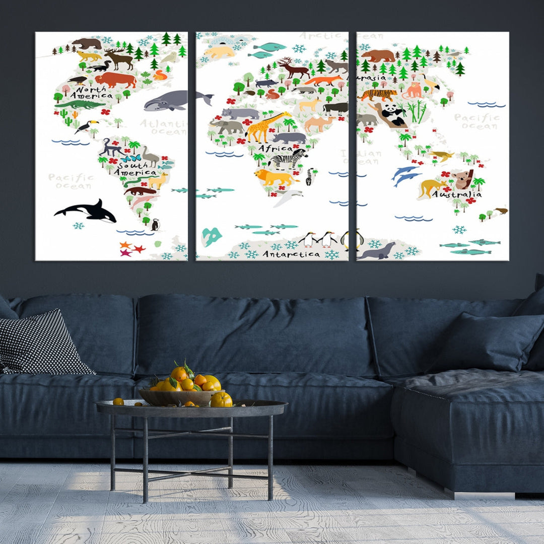 Educational Animal World Map Canvas Print Large Wall Art Framed Ready to Hang