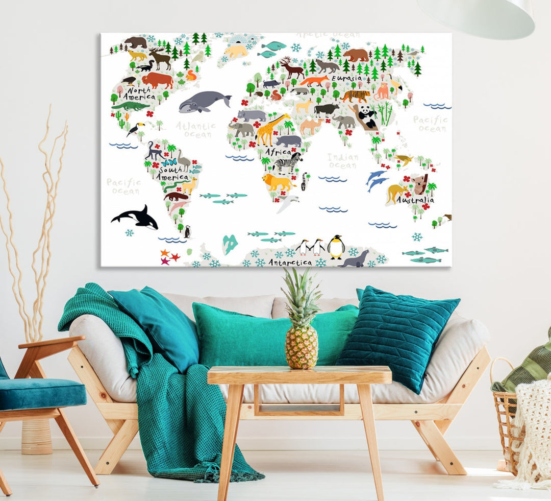 Educational Animal World Map Canvas Print Large Wall Art Framed Ready to Hang