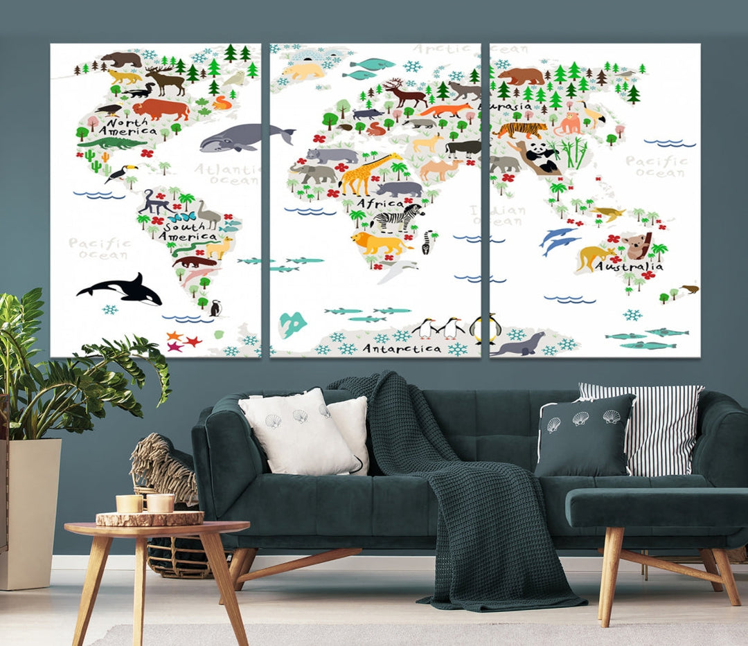 Educational Animal World Map Canvas Print Large Wall Art Framed Ready to Hang