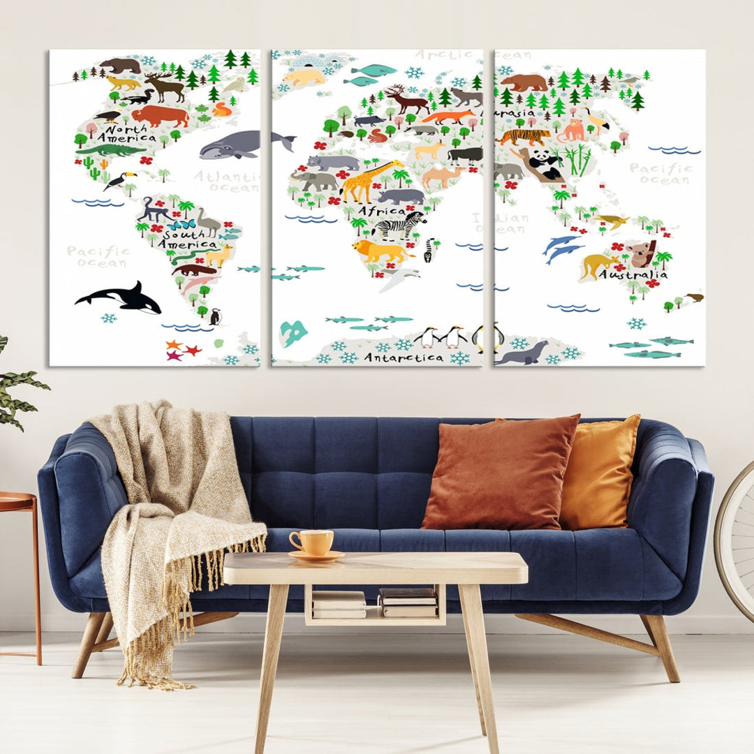 Educational Animal World Map Canvas Print Large Wall Art Framed Ready to Hang