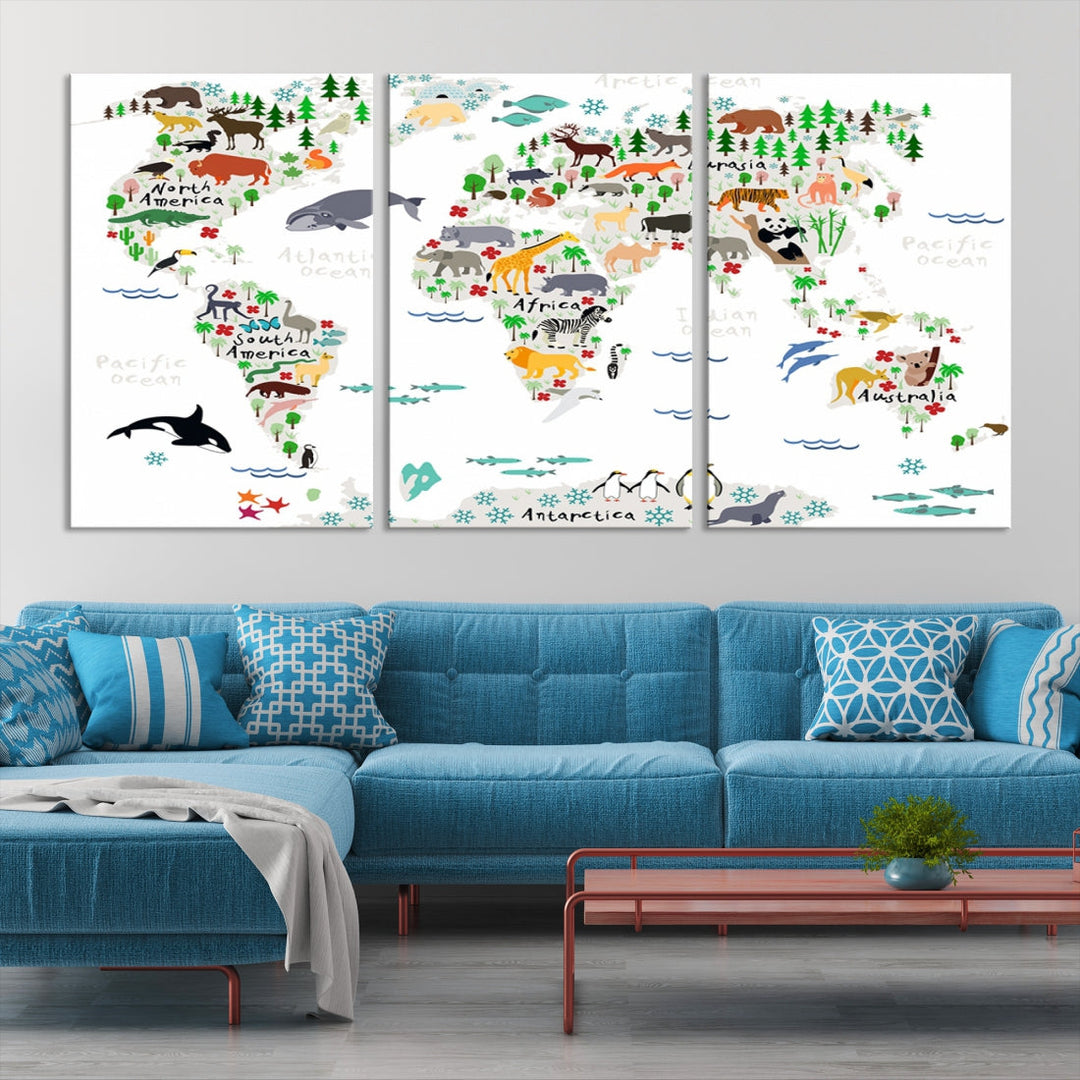 Educational Animal World Map Canvas Print Large Wall Art Framed Ready to Hang