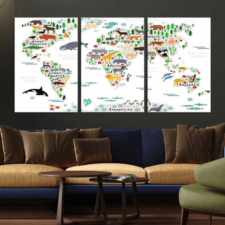 Educational Animal World Map Canvas Print Large Wall Art Framed Ready to Hang