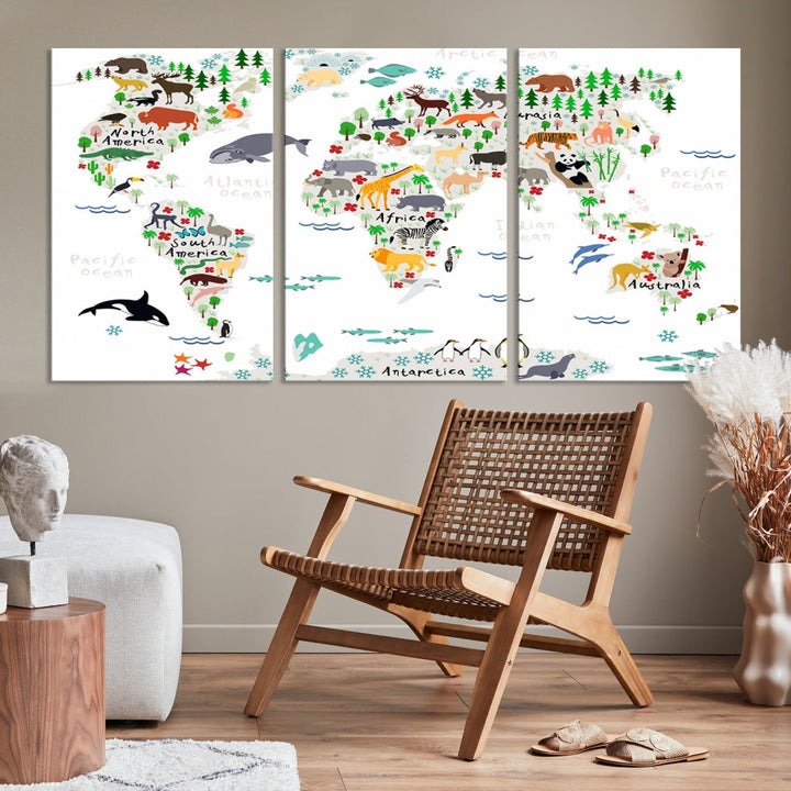 Educational Animal World Map Canvas Print Large Wall Art Framed Ready to Hang