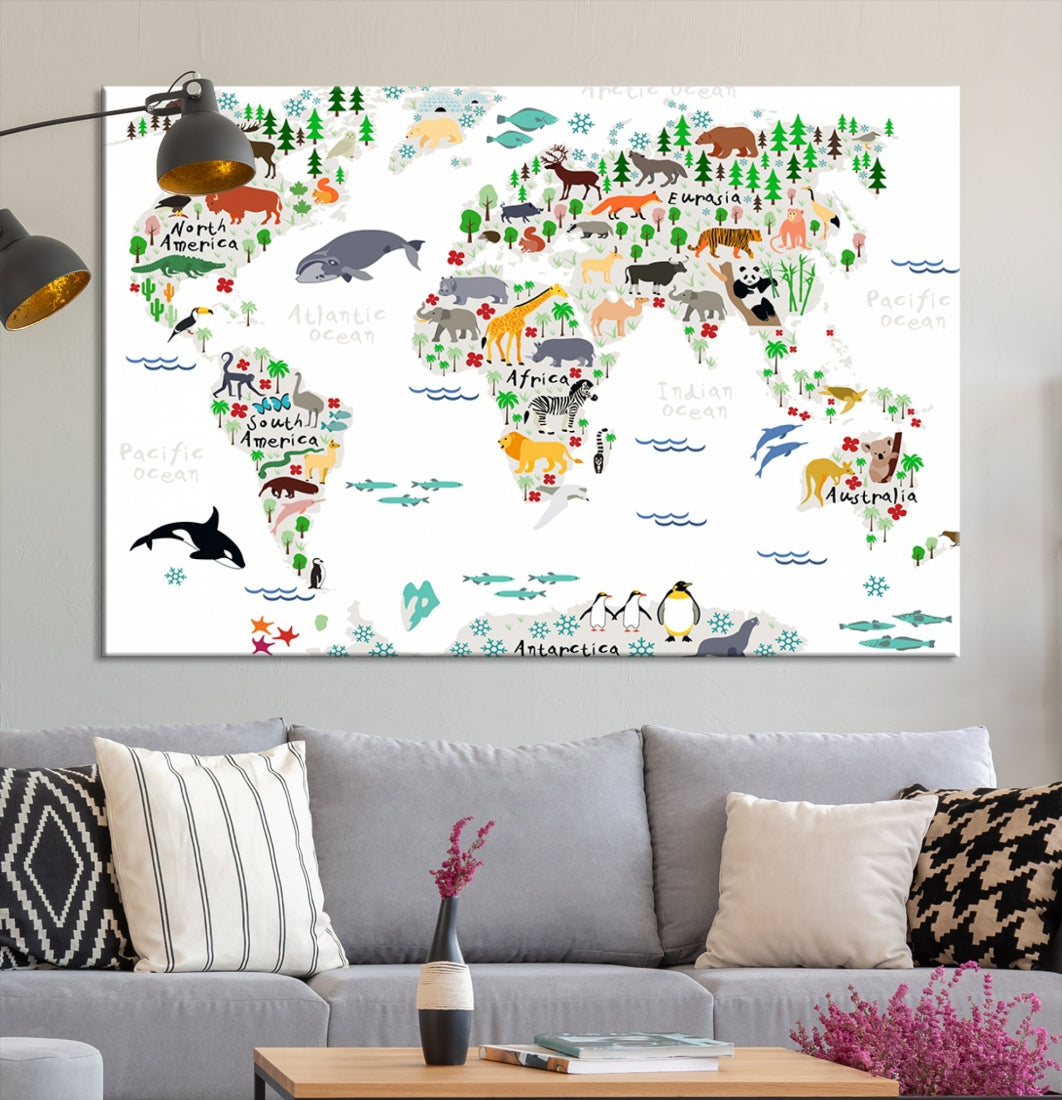 Educational Animal World Map Canvas Print Large Wall Art Framed Ready to Hang