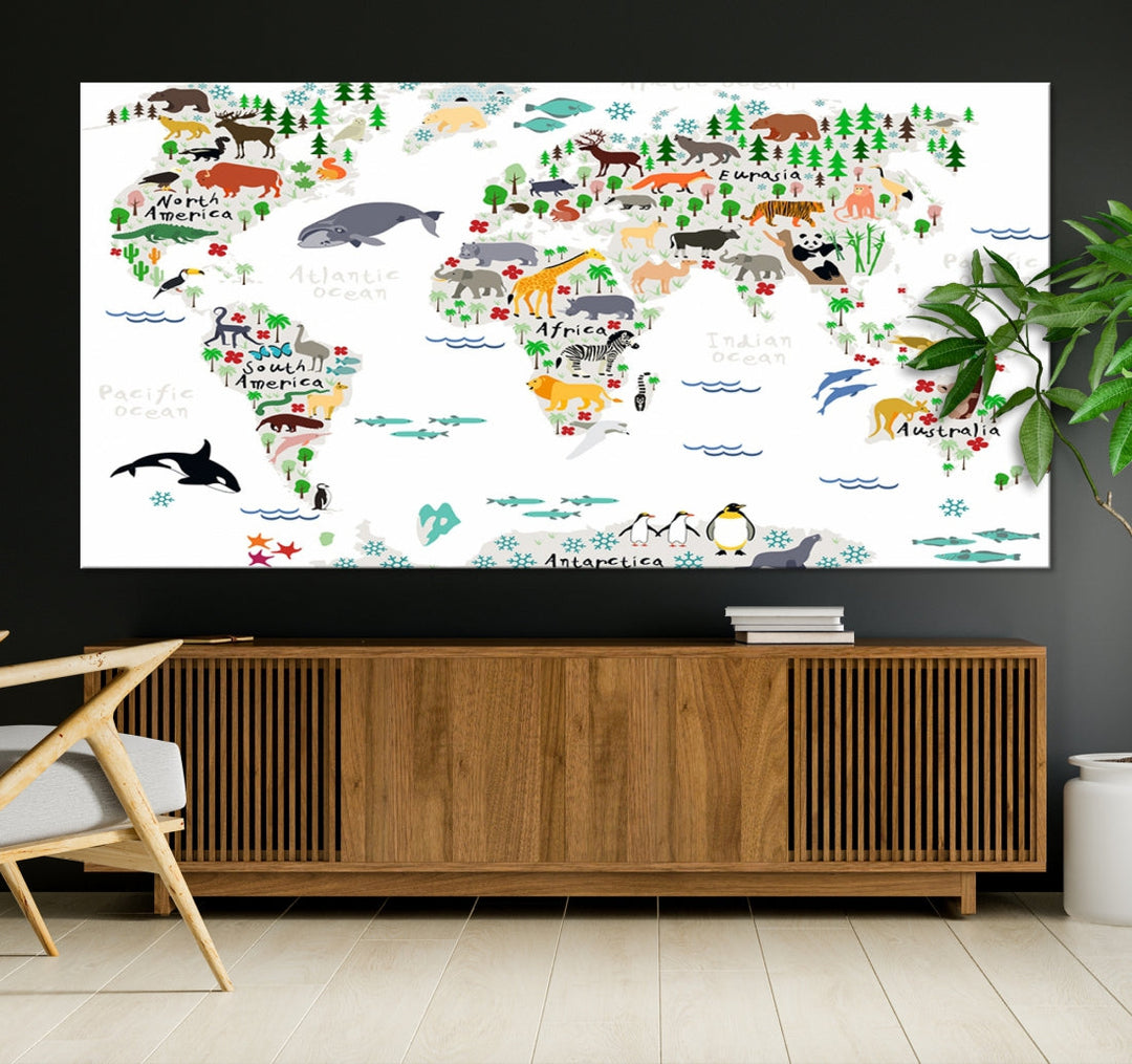 Educational Animal World Map Canvas Print Large Wall Art Framed Ready to Hang