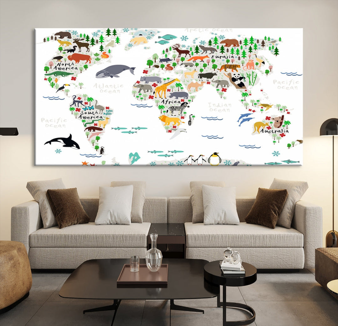 Educational Animal World Map Canvas Print Large Wall Art Framed Ready to Hang