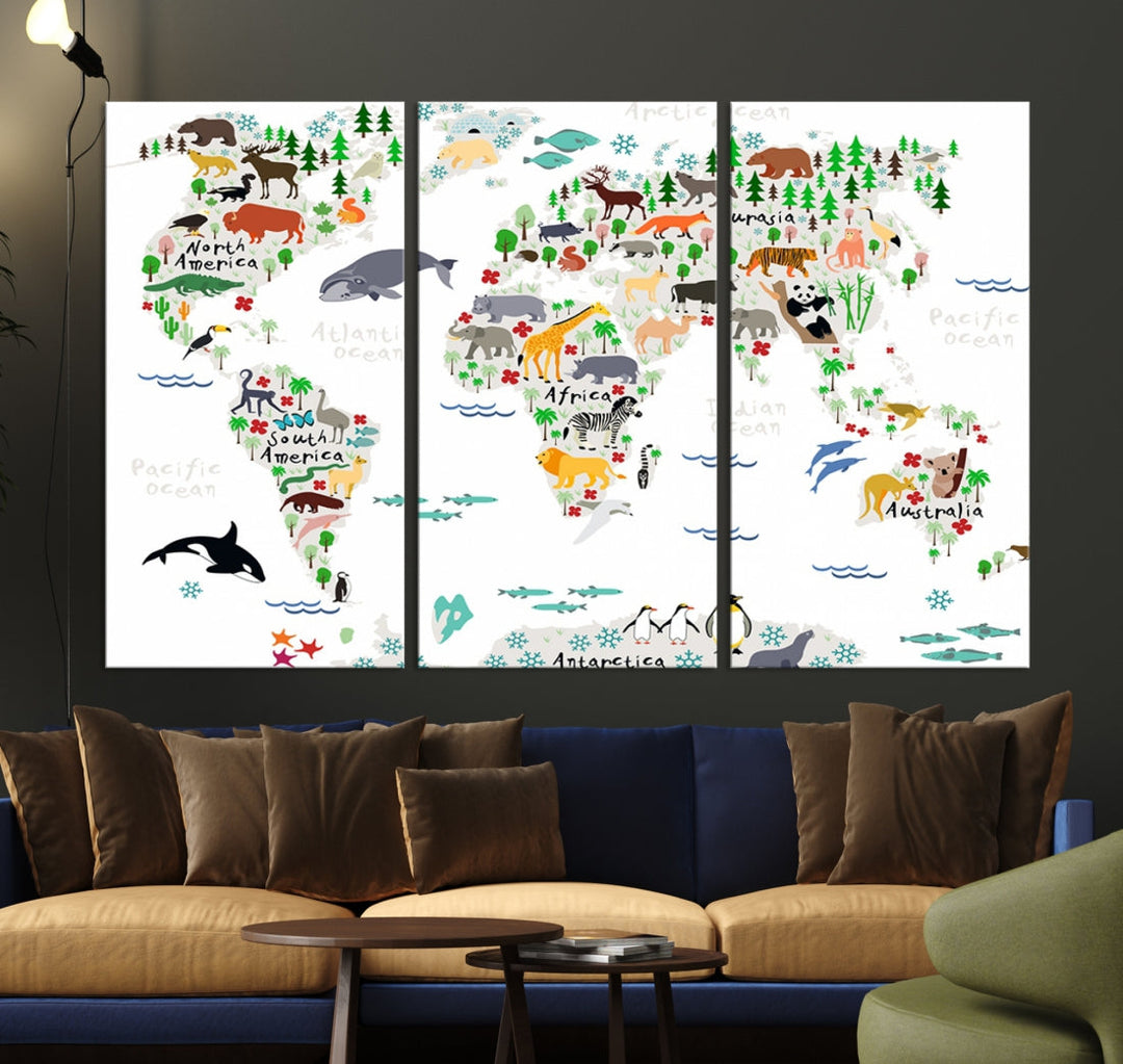 Educational Animal World Map Canvas Print Large Wall Art Framed Ready to Hang