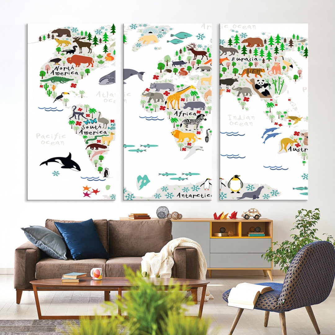 Educational Animal World Map Canvas Print Large Wall Art Framed Ready to Hang