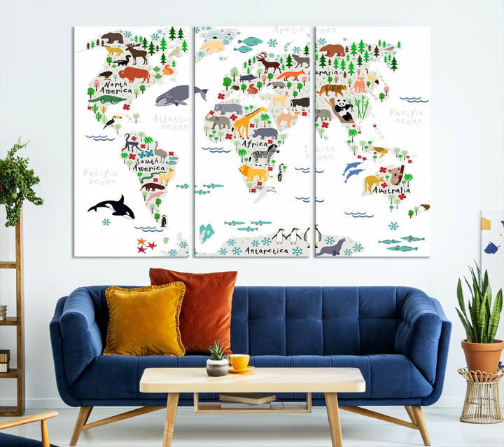 Educational Animal World Map Canvas Print Large Wall Art Framed Ready to Hang