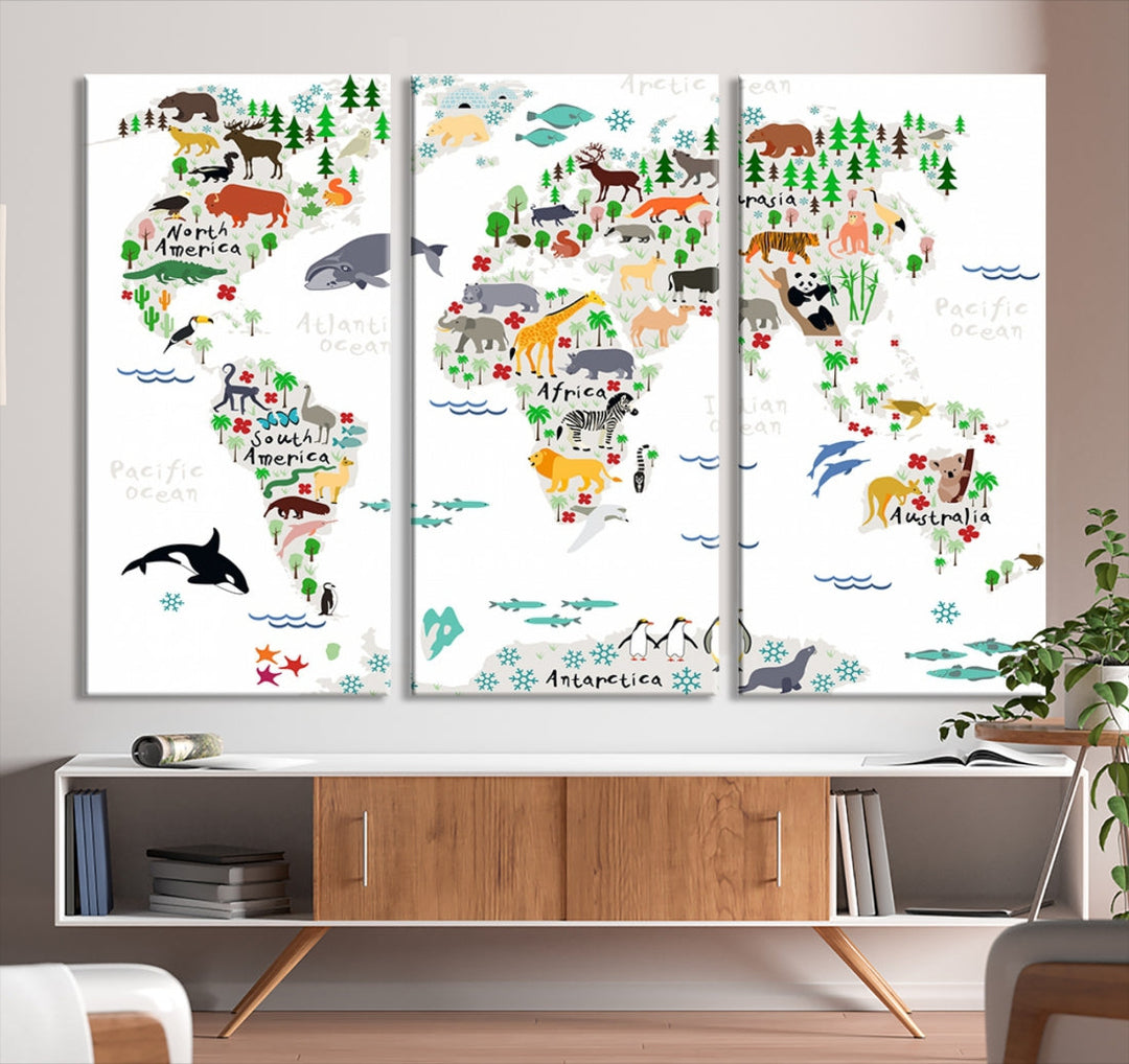 Educational Animal World Map Canvas Print Large Wall Art Framed Ready to Hang