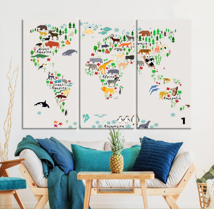 Educational Animal World Map Canvas Print Large Wall Art Giclee Printing for Kids Room Decor