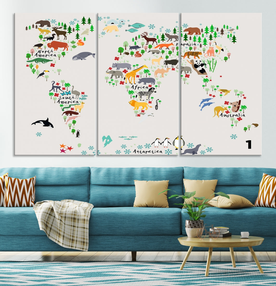 Educational Animal World Map Canvas Print Large Wall Art Giclee Printing for Kids Room Decor