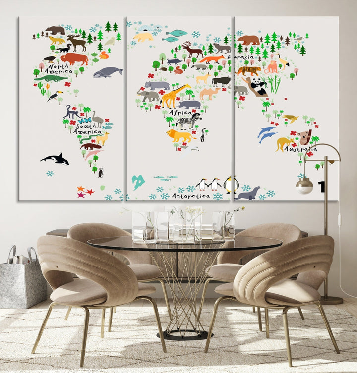 Educational Animal World Map Canvas Print Large Wall Art Giclee Printing for Kids Room Decor