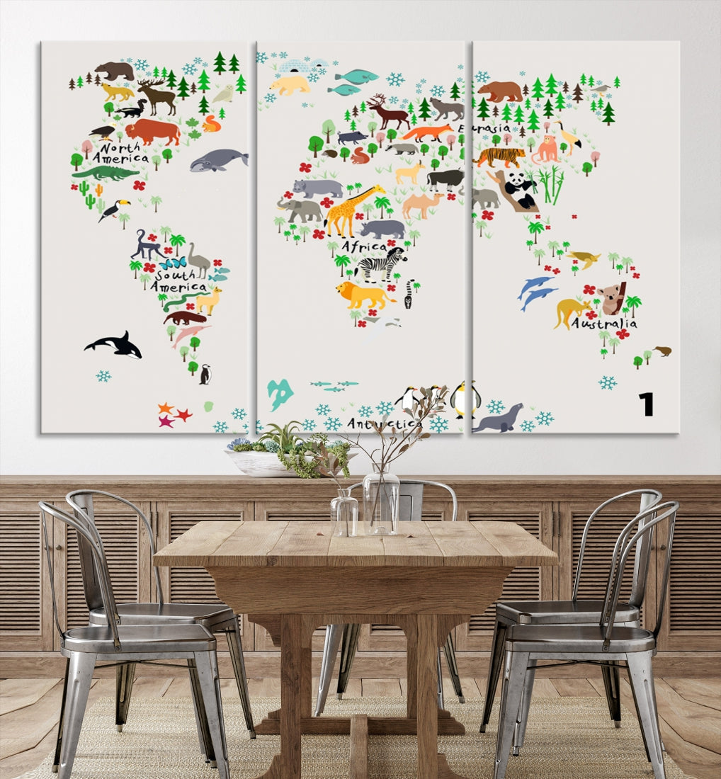 Educational Animal World Map Canvas Print Large Wall Art Giclee Printing for Kids Room Decor