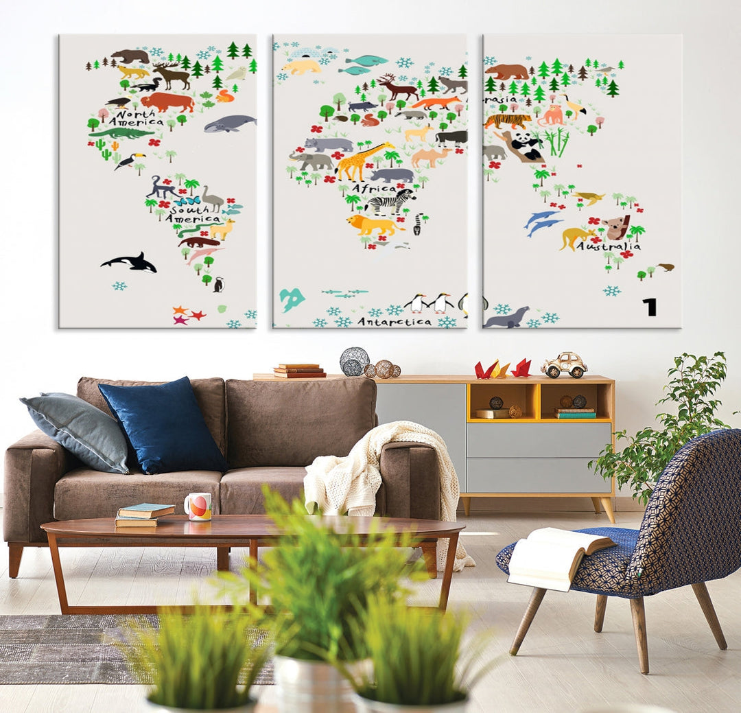 Educational Animal World Map Canvas Print Large Wall Art Giclee Printing for Kids Room Decor