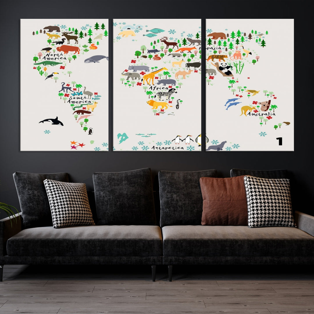 Educational Animal World Map Canvas Print Large Wall Art Giclee Printing for Kids Room Decor