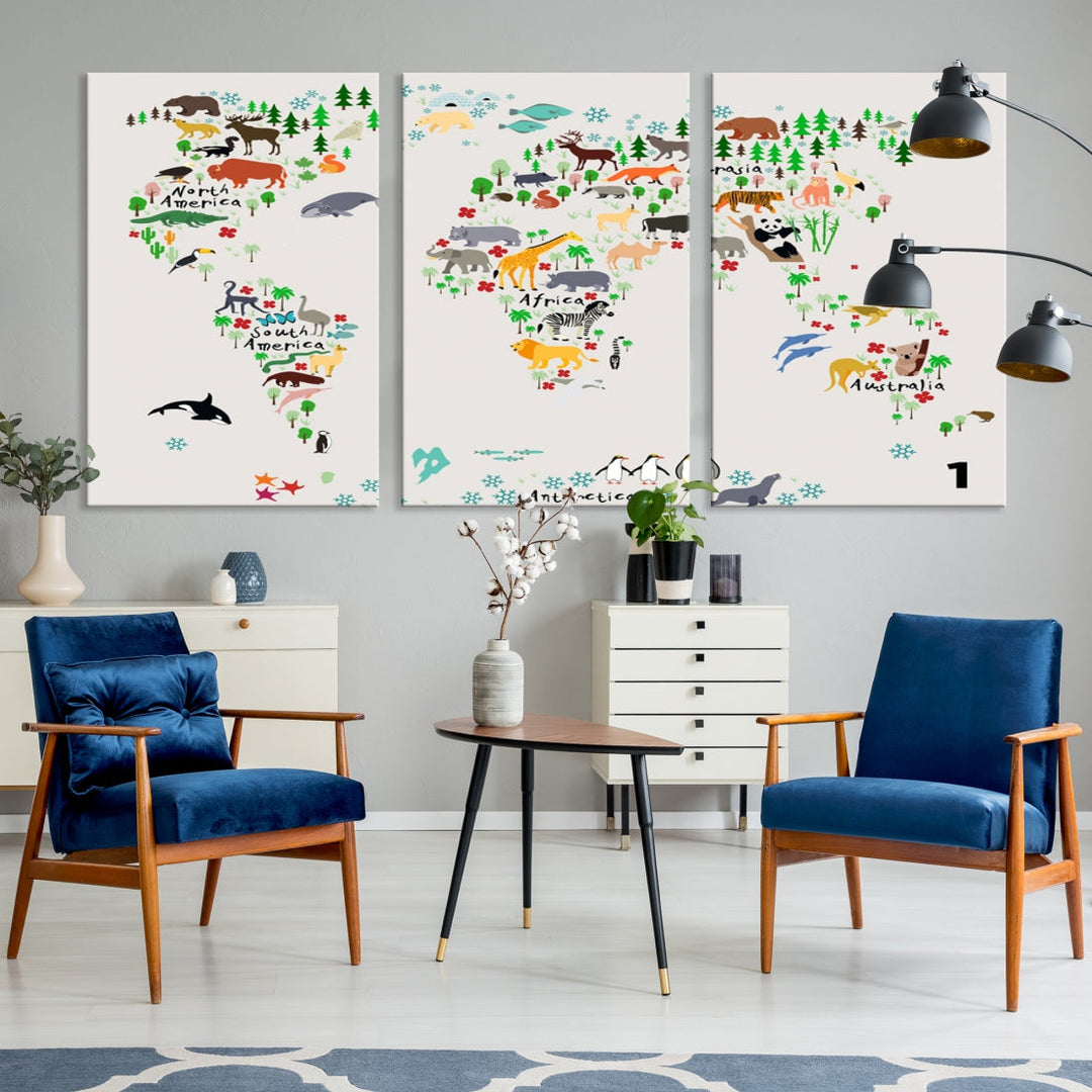 Educational Animal World Map Canvas Print Large Wall Art Giclee Printing for Kids Room Decor