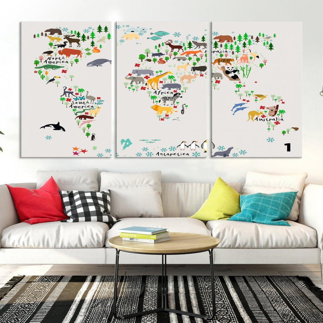 Educational Animal World Map Canvas Print Large Wall Art Giclee Printing for Kids Room Decor