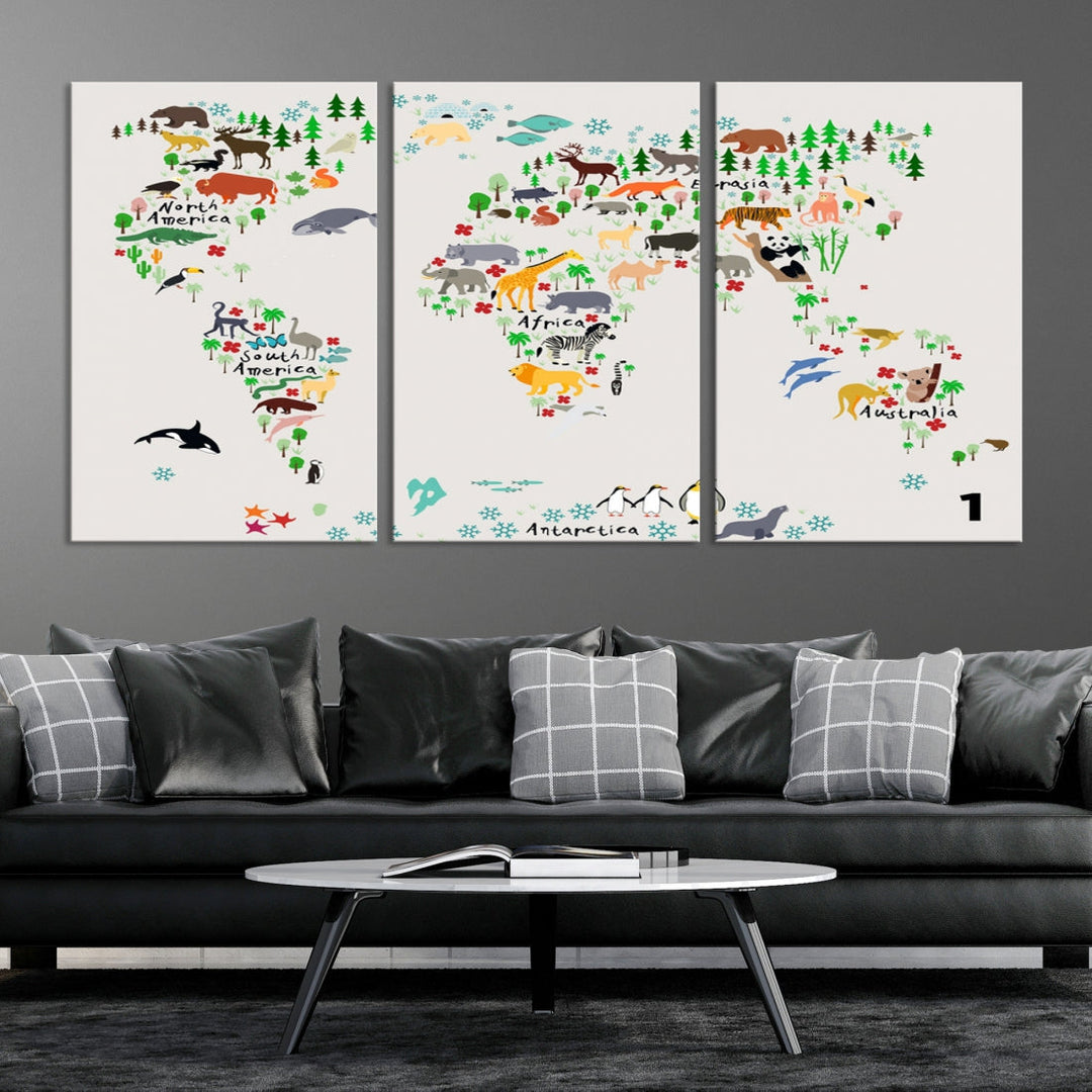 Educational Animal World Map Canvas Print Large Wall Art Giclee Printing for Kids Room Decor