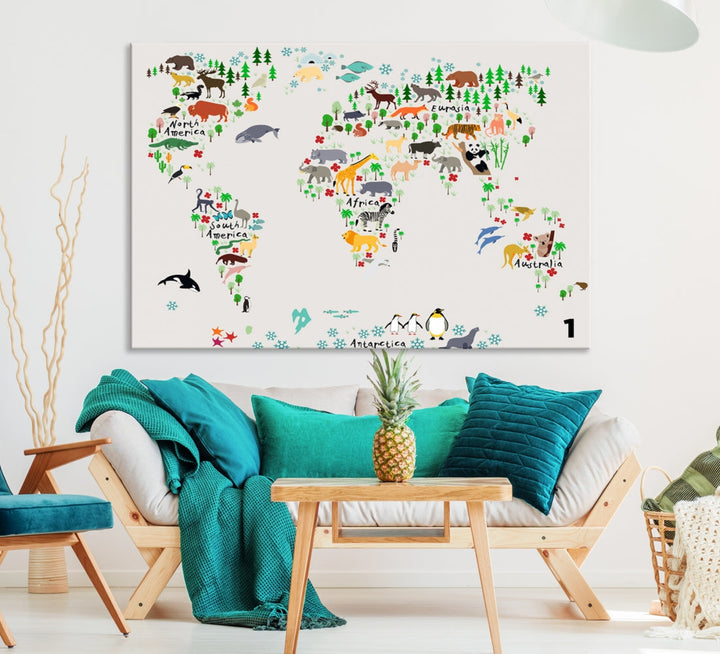 Educational Animal World Map Canvas Print Large Wall Art Giclee Printing for Kids Room Decor