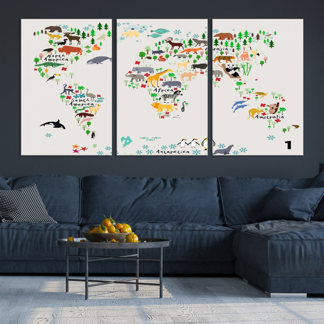 Educational Animal World Map Canvas Print Large Wall Art Giclee Printing for Kids Room Decor