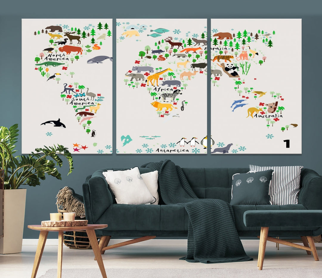 Educational Animal World Map Canvas Print Large Wall Art Giclee Printing for Kids Room Decor