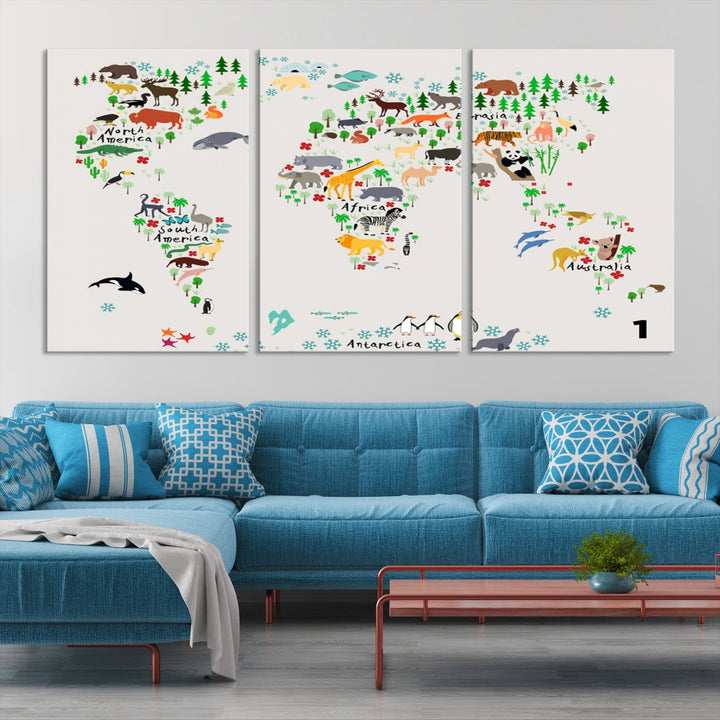 Educational Animal World Map Canvas Print Large Wall Art Giclee Printing for Kids Room Decor